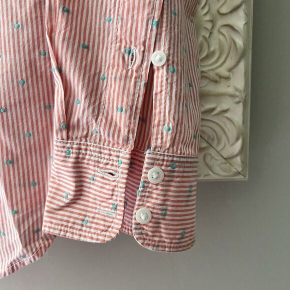 Gap Womens Long Sleeve Shirt Button-down Sz Large Striped Bright Coral Teal - Picture 6 of 9